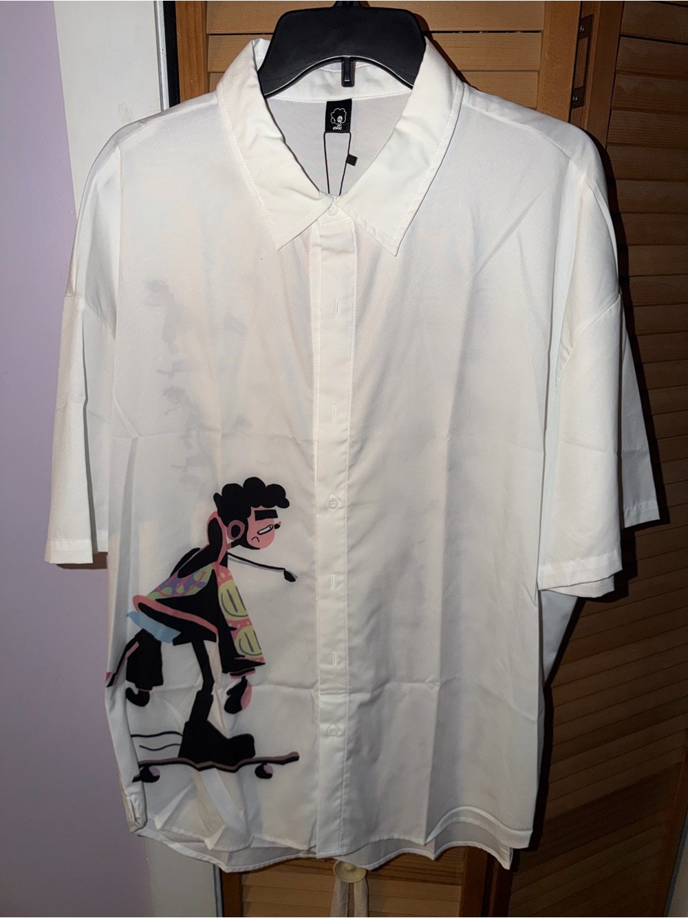 White Short-Sleeve Button-Up Shirt with Skate Graphic